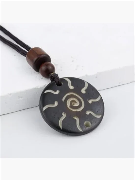 Handmade Bull Bone Pendant Necklace, Wooden Beads, Adjustable Braided Rope - Picture 2 of 6